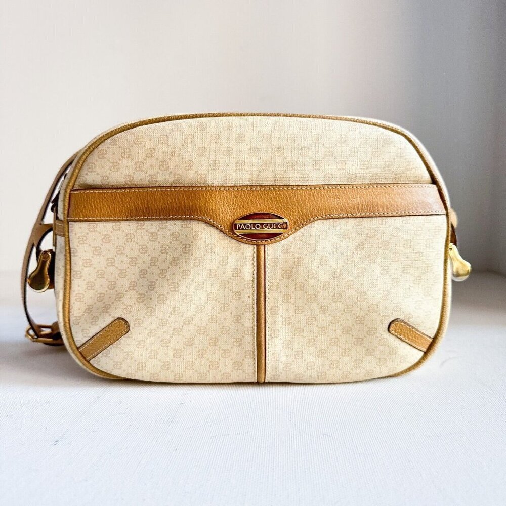 Vintage Paulo Gucci Light Beige Coated Canvas Leather Trim Crossbody Camera bag